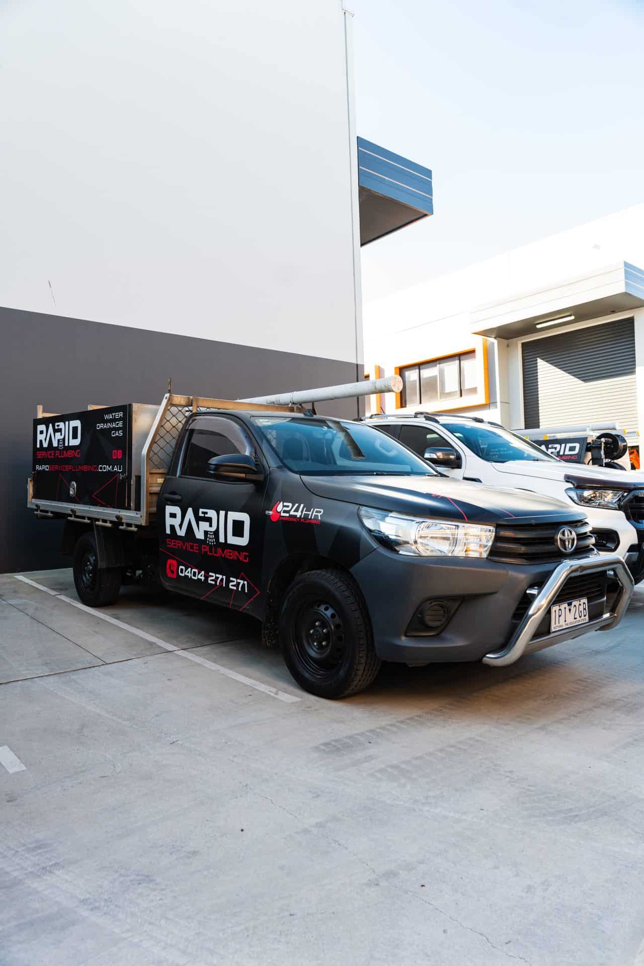 Rapid Service Plumbing vehicle in Sydney ready to provide expert blocked drain cleaning, repairs and 24/7 emergency drainage services.