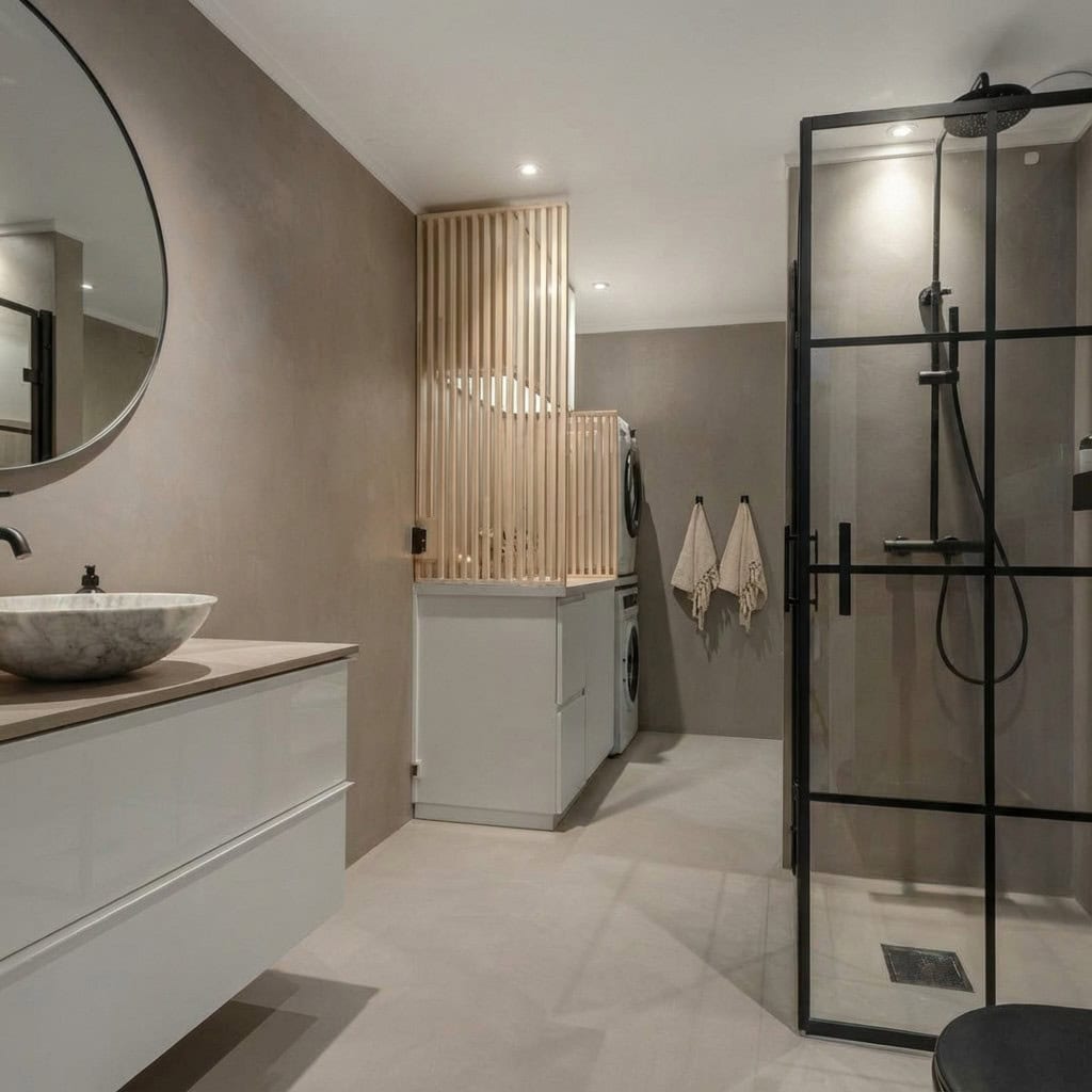 Glass doors in modern bathroom