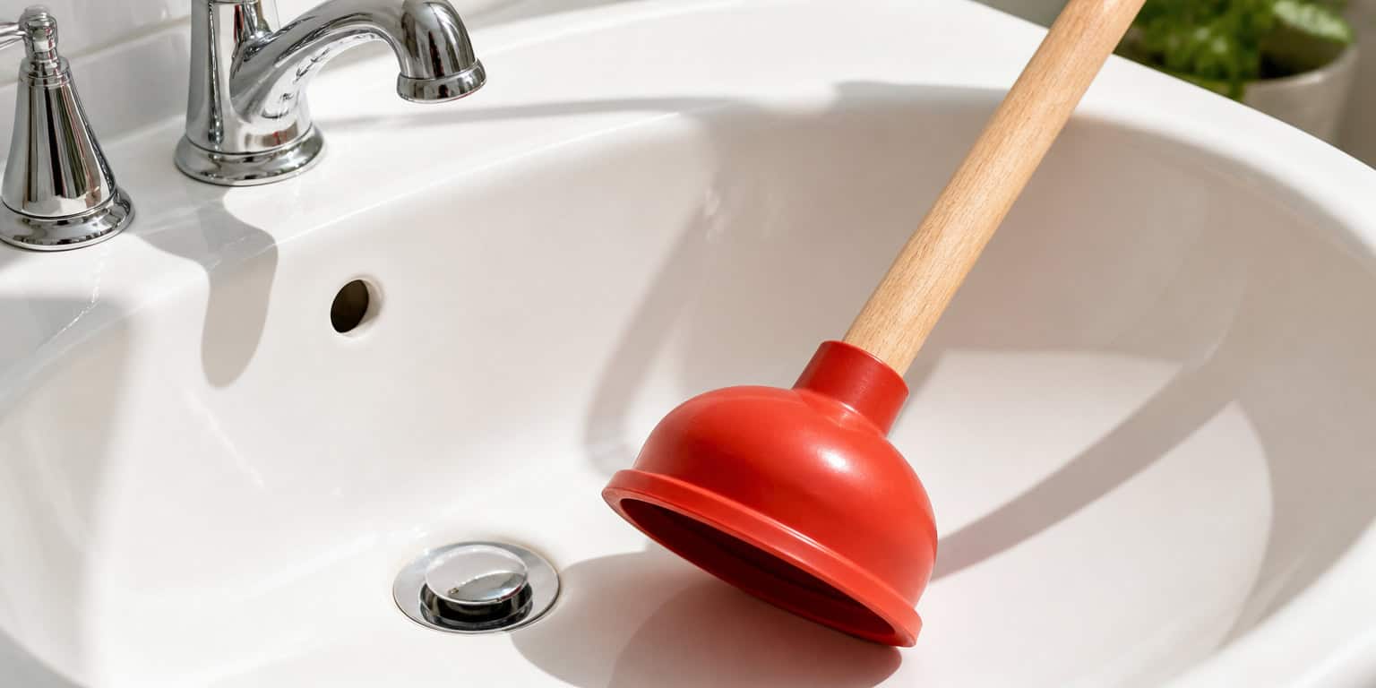 A red rubber cup plunger resting on a clean white porcelain bathroom sink, bright morning sunlight, close-up shot