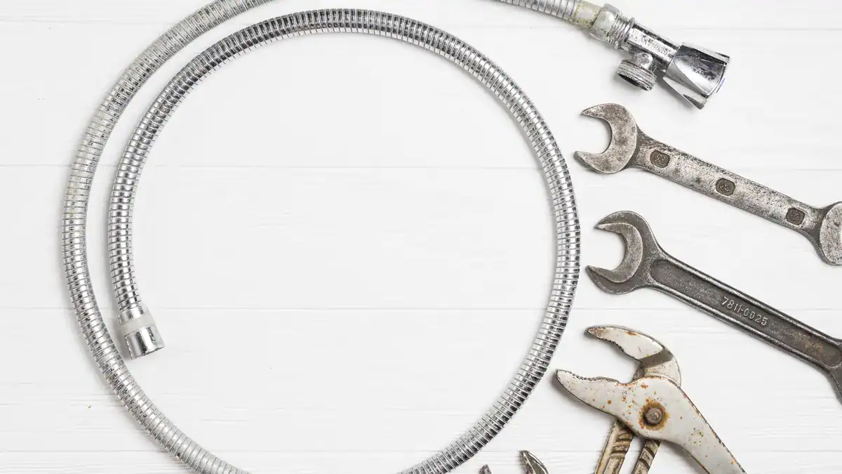 Braided flexible water hose beside plumbing spanners on a white bench