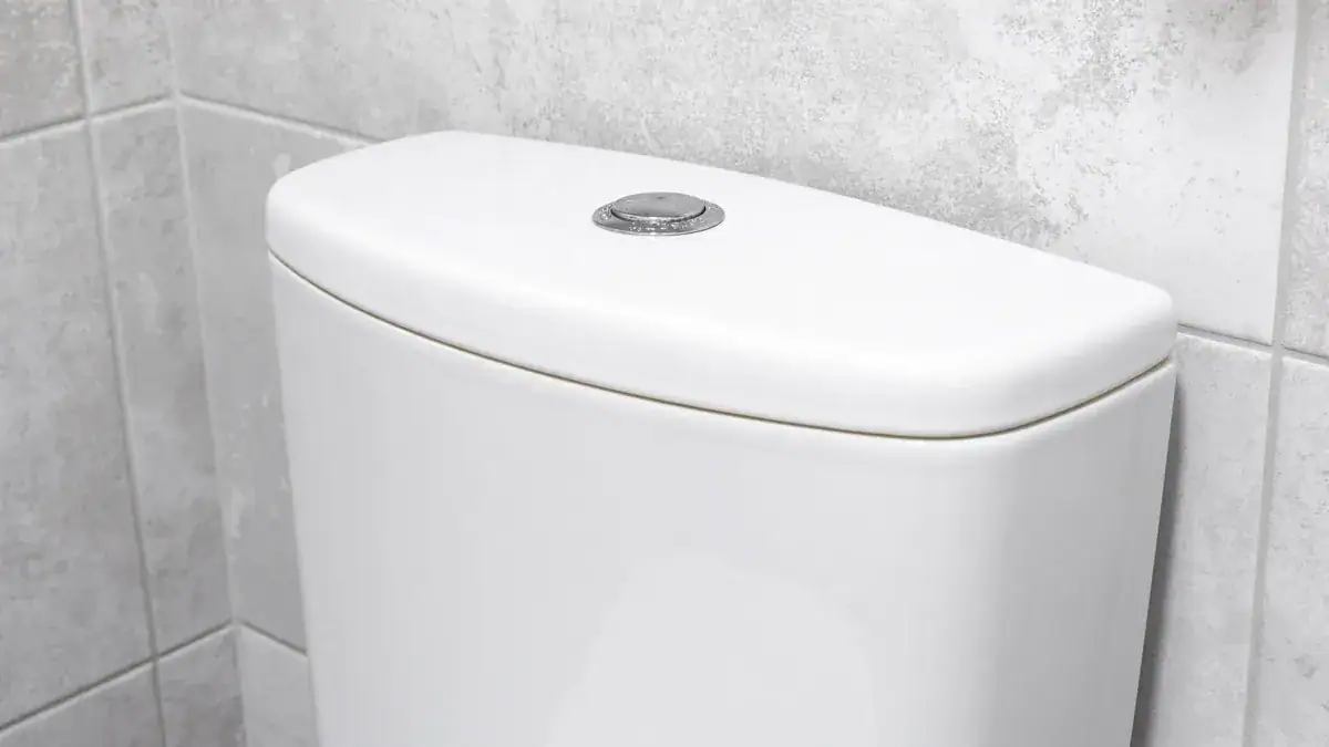 White close coupled toilet cistern with a dual flush button against grey tiles