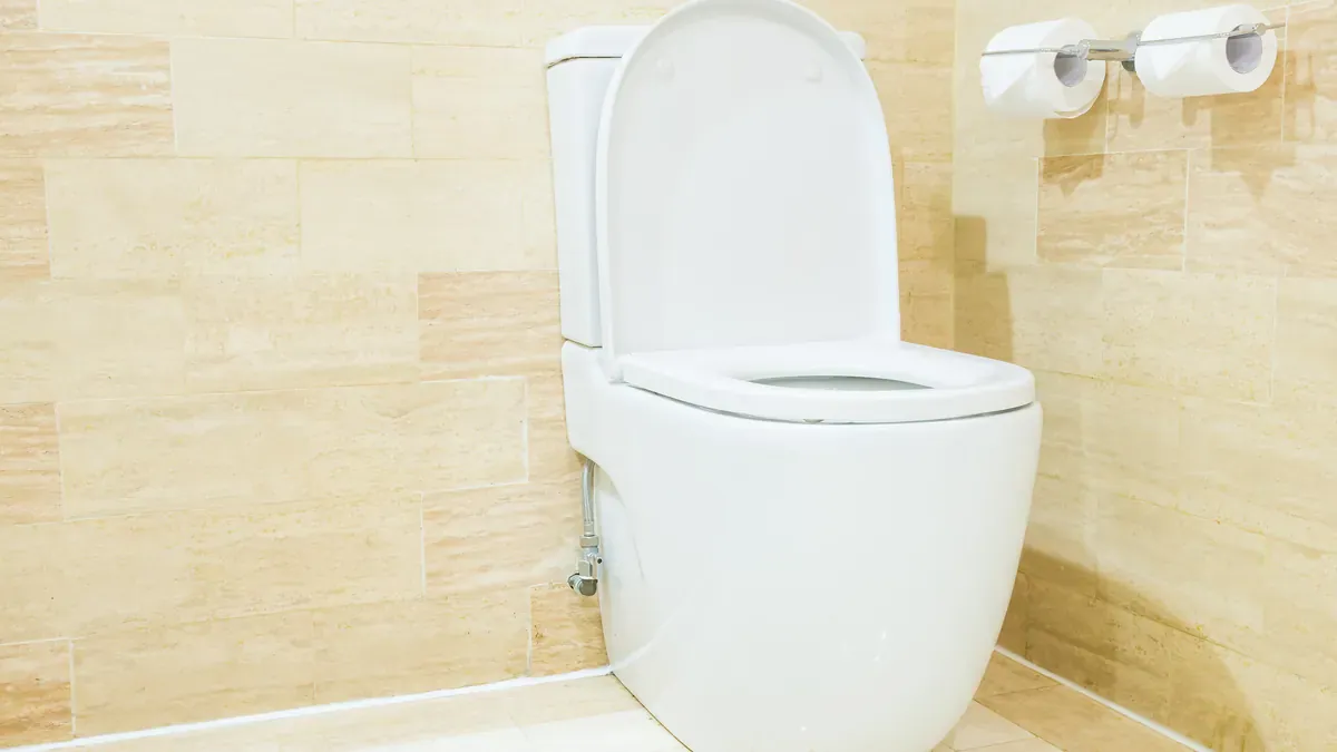 Close coupled toilet suite showing the cistern seated on the pan and the water inlet at the side
