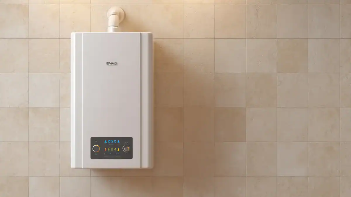 Continuous flow gas water heater mounted on a tiled wall