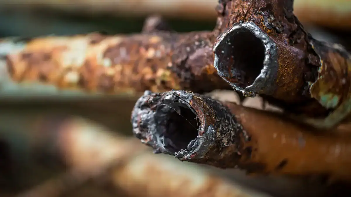 Cut ends of old corroded steel water pipes showing rust inside