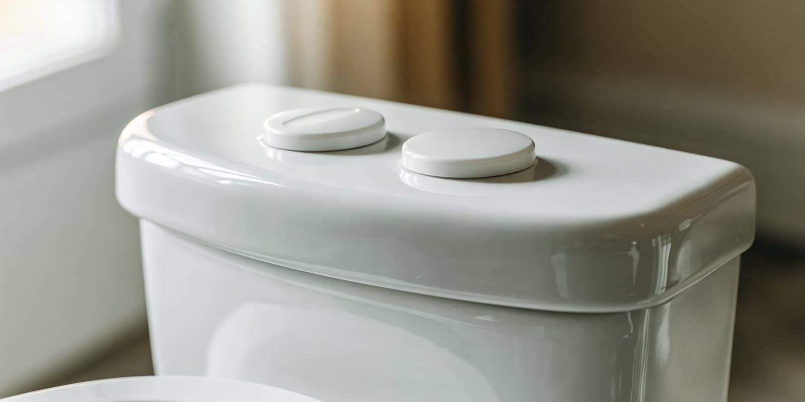 Close-up of the two flush buttons on top of a modern dual-flush toilet cistern