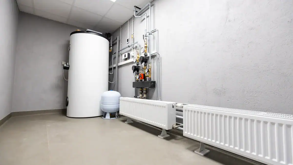 Electric storage hot water tank standing in a clean utility room