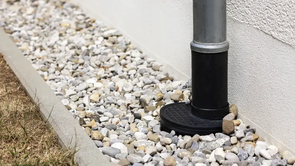 Gravel French drain strip running along the base of a house wall