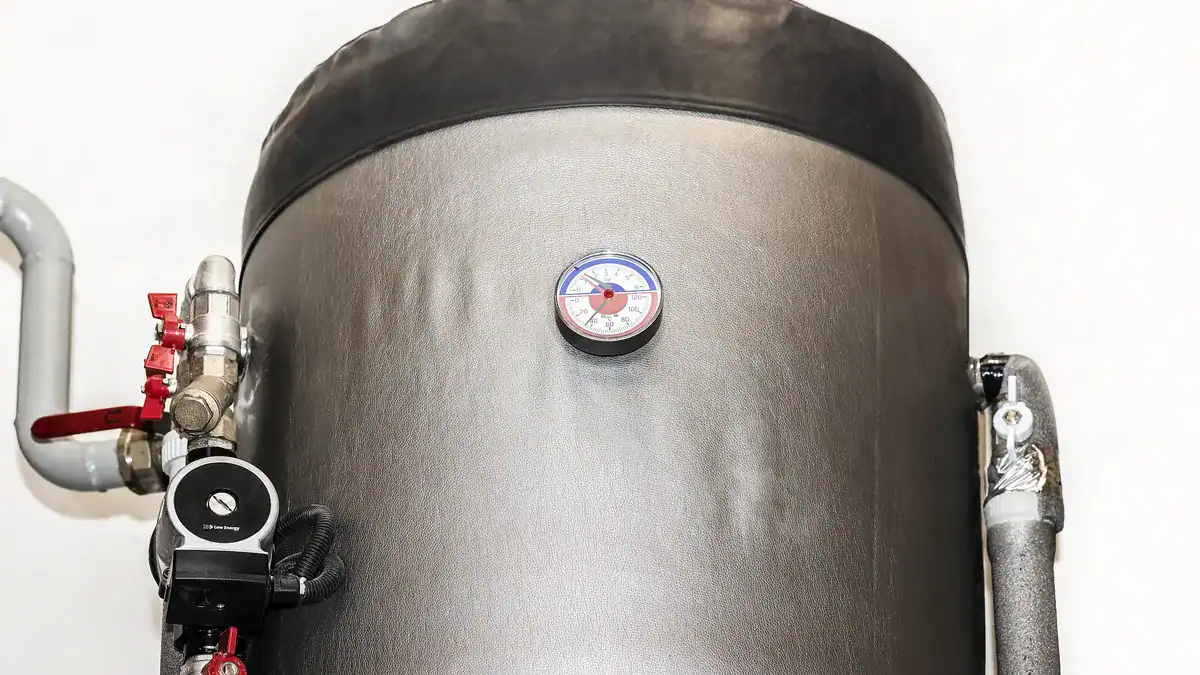 Hot water storage tank with a temperature gauge, valves and pipes