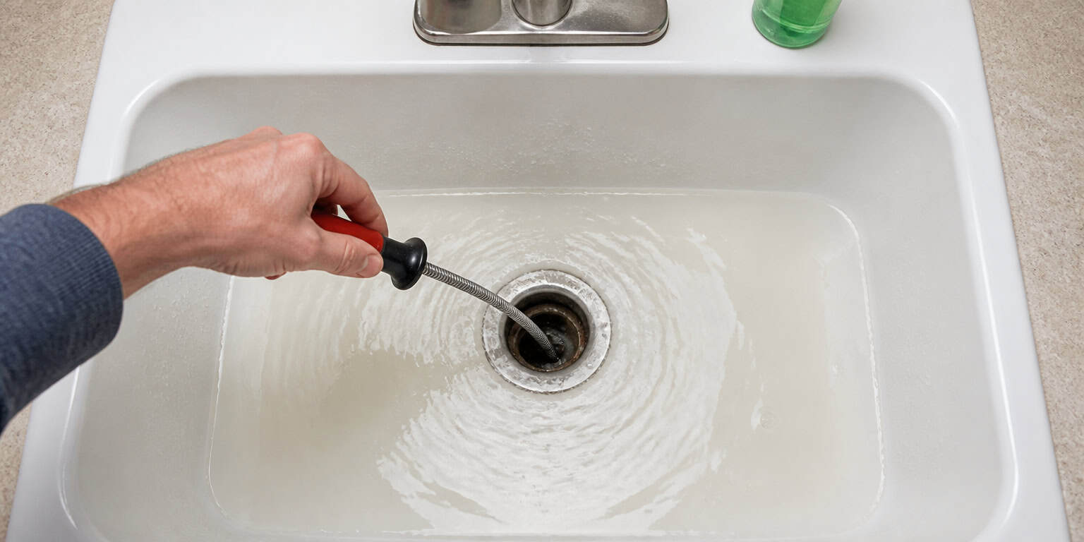 inserting a drain snake into a clogged sink, water pooling around the drain
