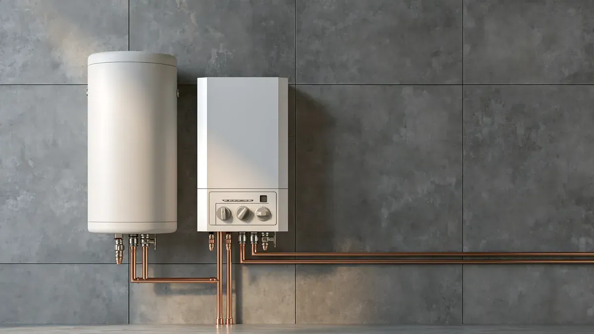 Storage hot water tank and a continuous flow water heater mounted on a grey wall with copper pipes