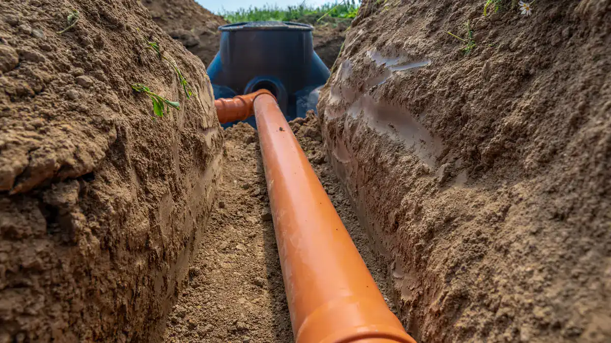 Orange drainage pipe laid in an open trench leading to a pit