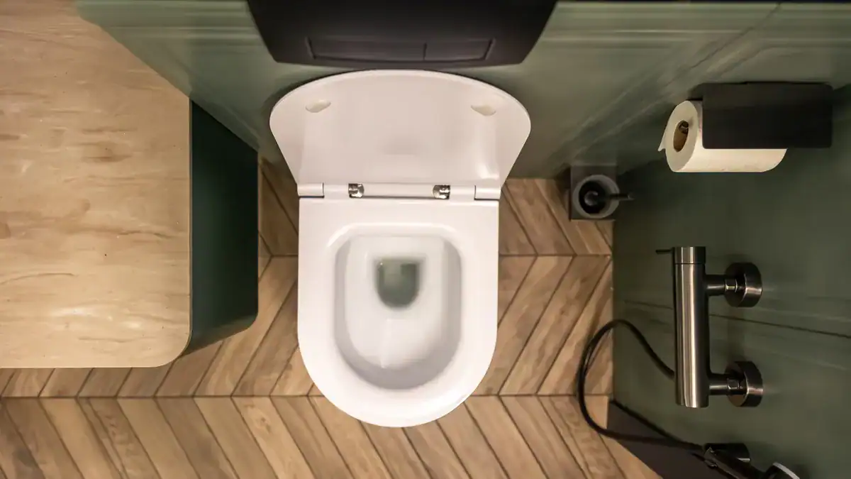 Top view of a white toilet bowl with the lid up on a timber floor